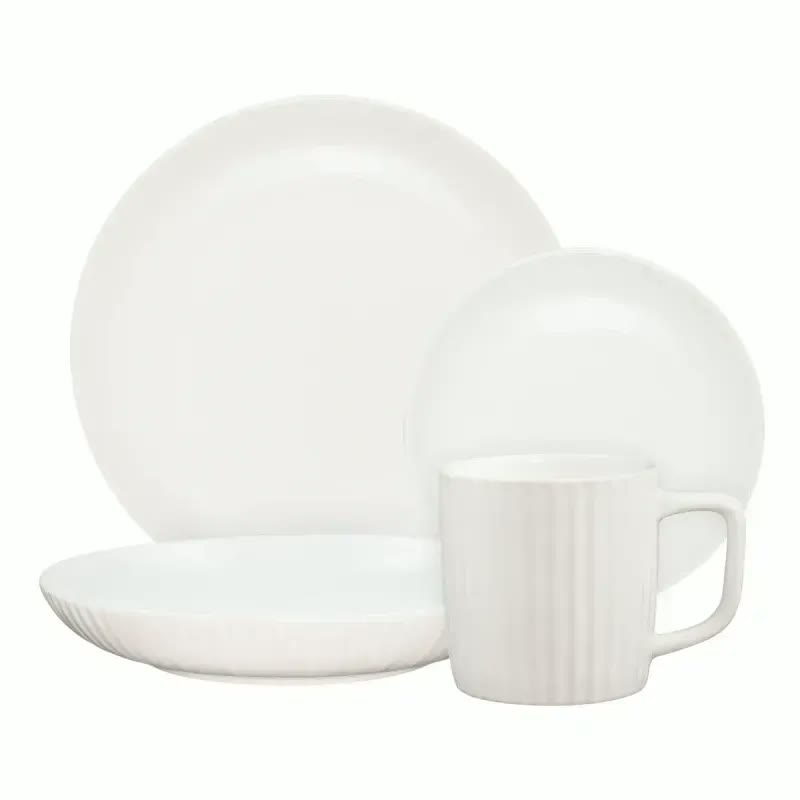 Aparelho de jantar Oxford Friss White 24 peças em porcelana branca com relevo canelado