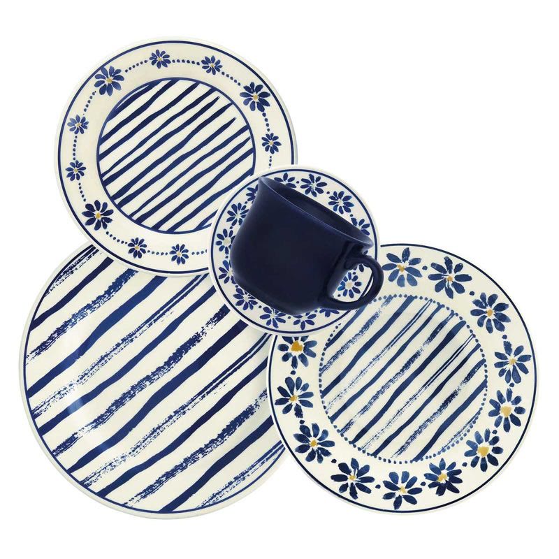 Aparelho de jantar Donna Margaridas 20 peças em cerâmica com estampa de margaridas em azul