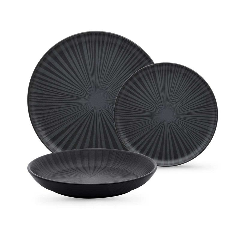 Aparelho de jantar Oxford Flat Ônix 18 peças em cerâmica preta acetinada com alto relevo