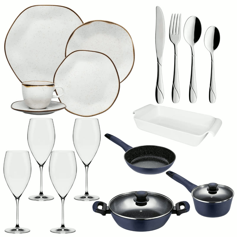 Kit Casa Nova Oxford Ryo Maresia 42 peças com pratos, xícaras, taças, panelas e talheres