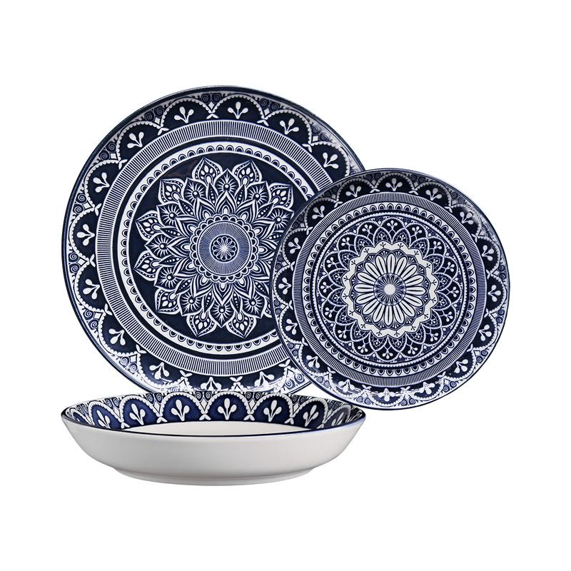Aparelho de jantar Oxford Flat Málaga 18 peças em cerâmica com estampa azul andaluza sobre branco
