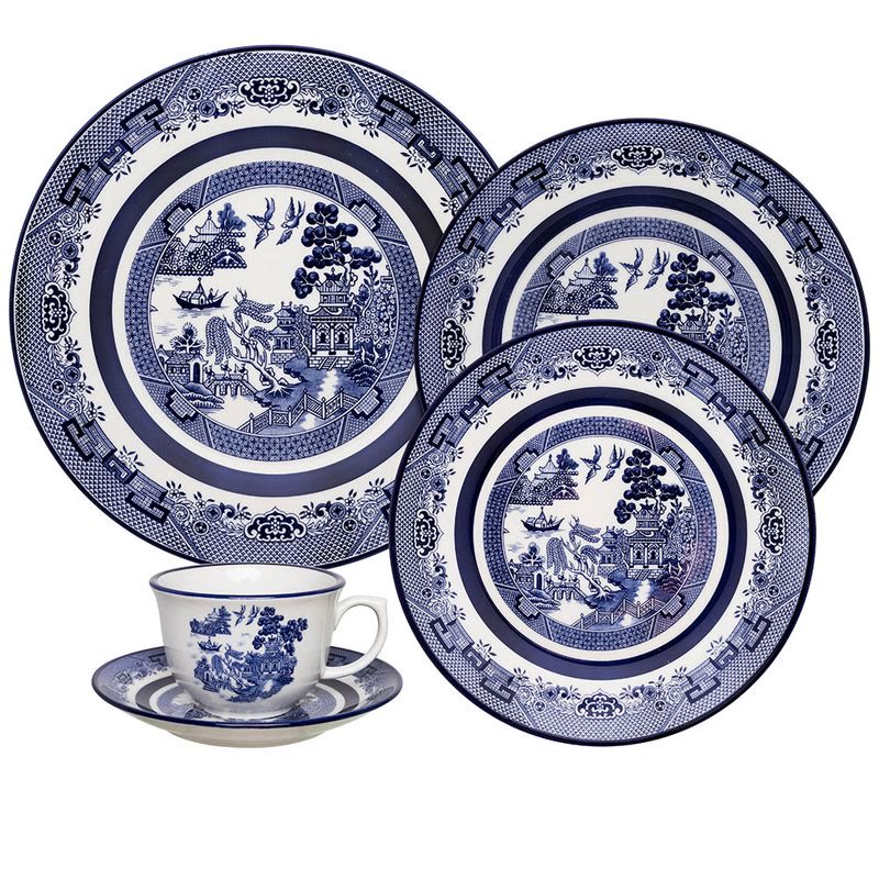 Aparelho de jantar Oxford Flamingo Blue Willow 30 peças em porcelana com estampa azul e branca