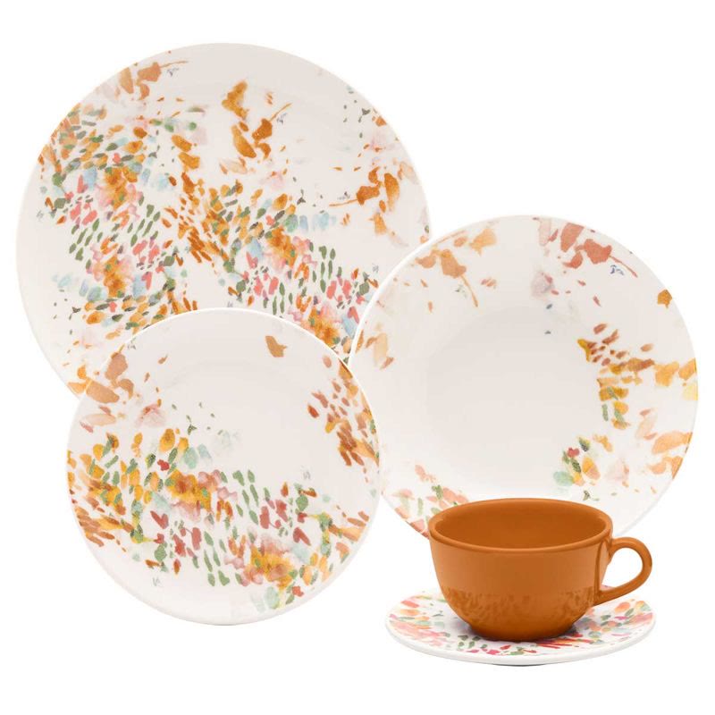Aparelho de jantar Oxford Unni Monet 20 peças em cerâmica off white com pinceladas coloridas