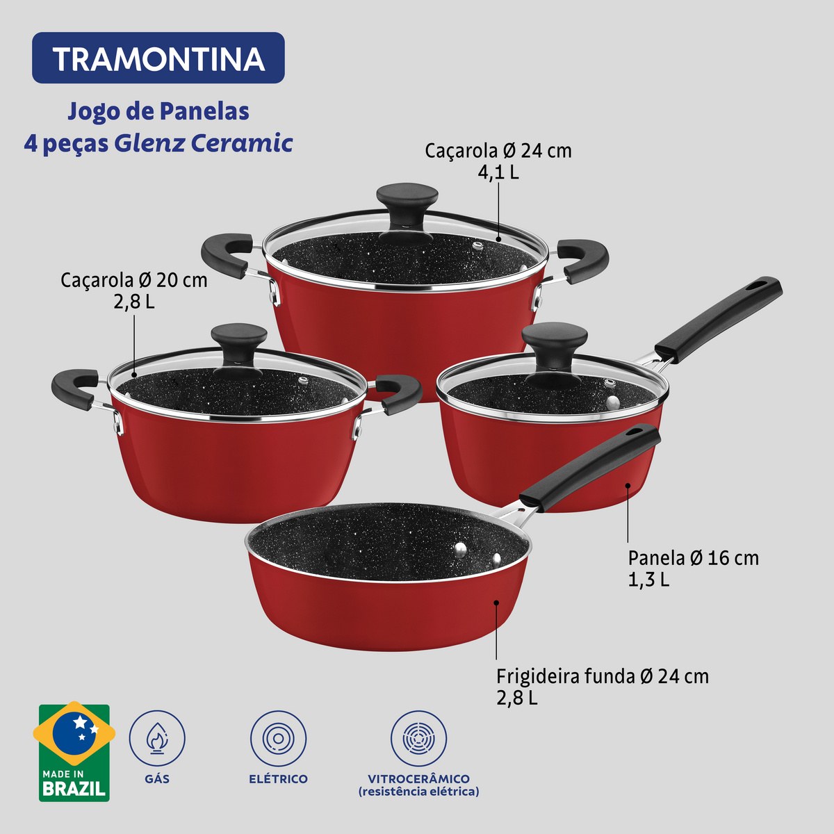 Jogo de panelas Tramontina Glenz vermelho com 4 peças