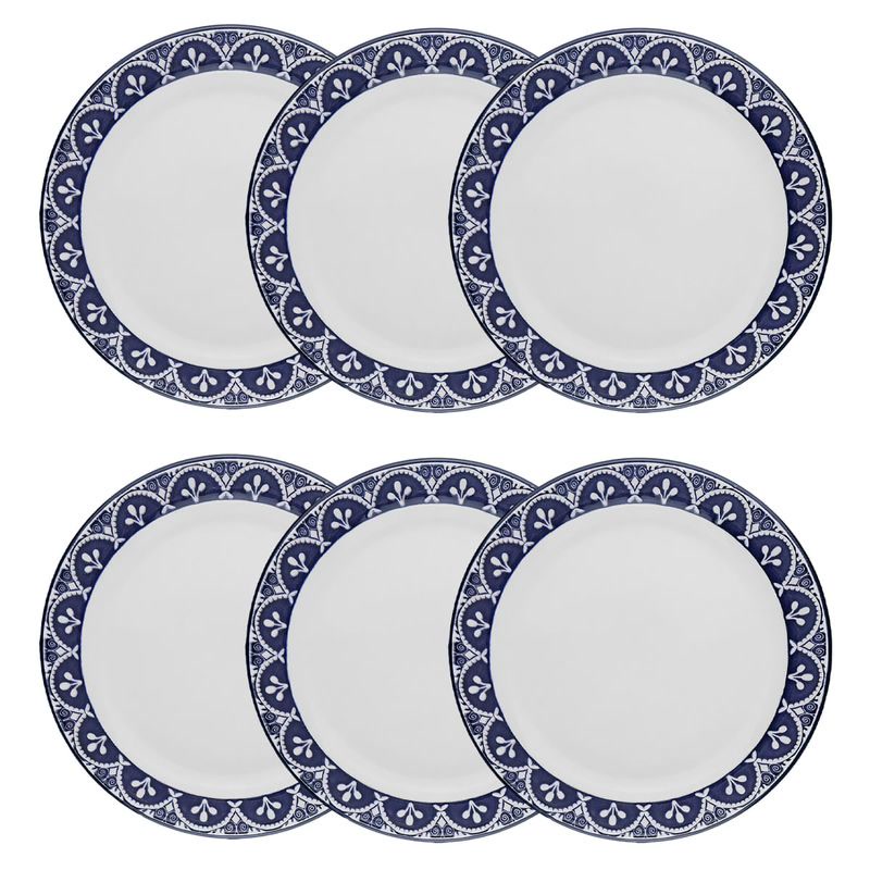 Jogo de 6 pratos fundos em porcelana Flat Málaga 20,5 cm azul