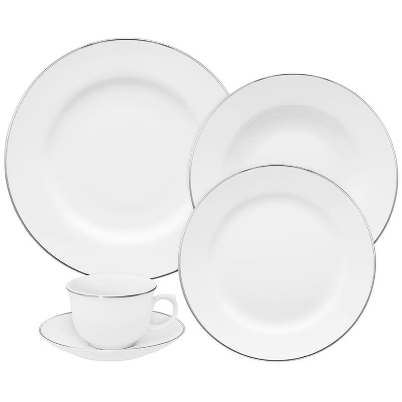 Aparelho de jantar Oxford Flamingo Isabel 30 peças em porcelana branca com filetes em prata