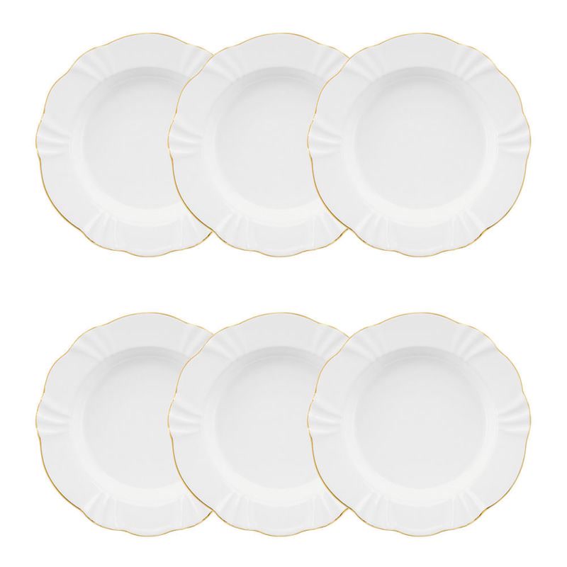 Jogo de 6 pratos fundos em porcelana Soleil Victória 24 cm com filete dourado