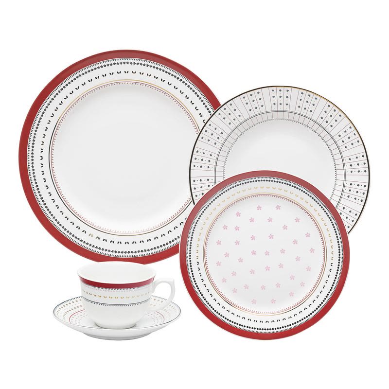 Aparelho de jantar Oxford Flamingo Lafayette 30 peças em porcelana com arabescos bordô e ouro