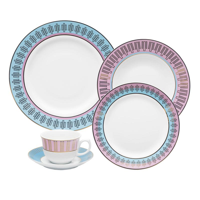 Aparelho de jantar Oxford Flamingo Cosmopolitan 20 peças em porcelana com filetes em ouro