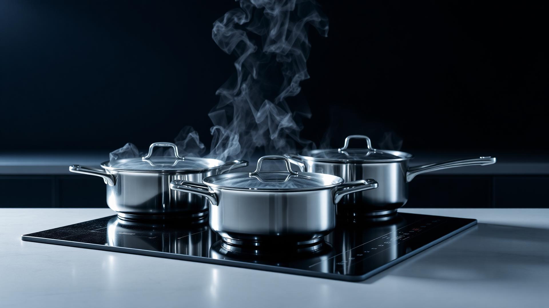 Panelas de inox tri-ply sobre cooktop de indução
